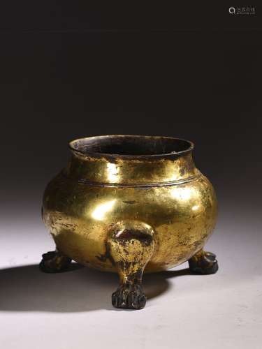 AN ARCHAIC GILT BRONZE GLOBULAR TRIPOD CENSER