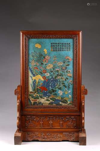 A CLOISONNE ENAMEL 'CHRYSANTHEMUM' IMPERIAL POEM TABLE SCREEN