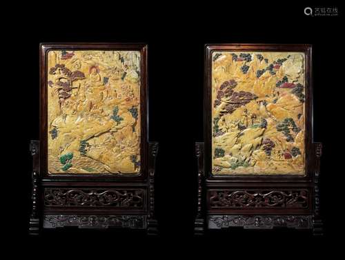 A PAIR OF SHOUSHAN STONE CARVED TABLE SCREENS