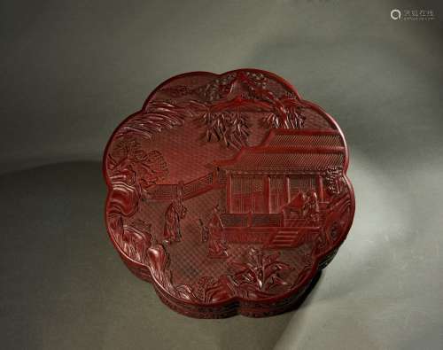 A LACQUERED CARVED 'SCHOLARS' LOBED BOX