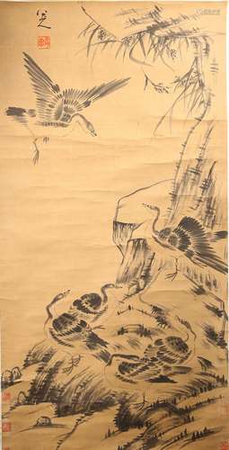 AN INK ON PAPER 'BIRDS' PAINTING HANGING SCROLL