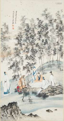 ZHANG DAQIAN: INK AND COLOR ON PAPER 'LITERATI GATHERING' PAINTING