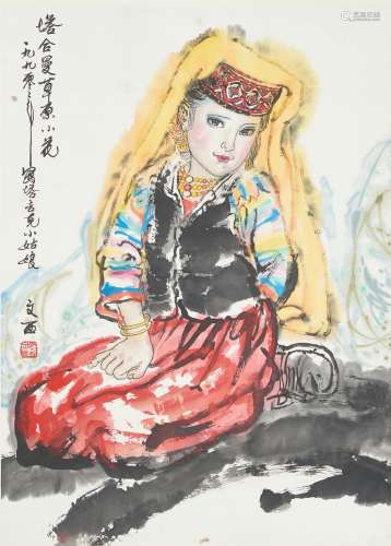 LIU WENXI: INK AND COLOR ON PAPER 'GIRL' PAINTING