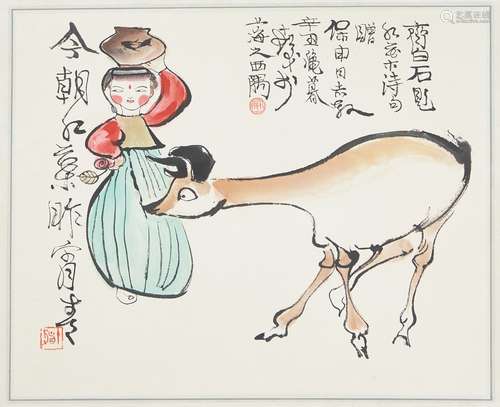 CHENG SHIFA: INK AND COLOR ON PAPER 'GIRL AND DEER' PAINTING