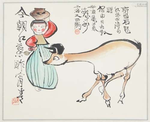 CHENG SHIFA: INK AND COLOR ON PAPER 'GIRL AND DEER' PAINTING