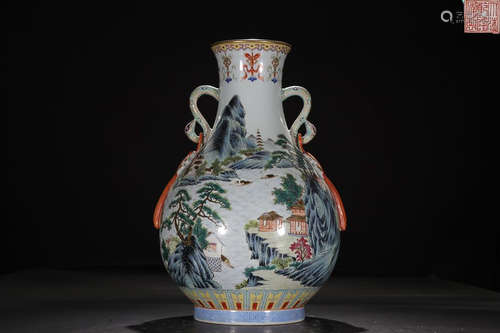 QIANLONG MARK FAMILLE ROSE DOUBLE-EAR VASE