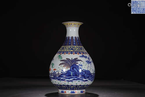 QIANLONG MARK BLUE WHITE FAMILLE ROSE OKHO SPRING BOTTLE