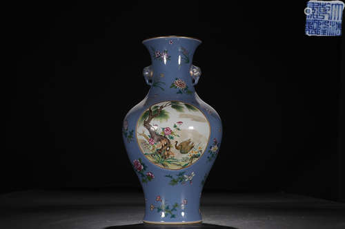 QIANLONG MARK BLUE GLAZE FAMILLE ROSE VASE