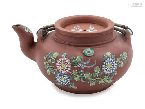 A Chinese Painted Yixing Pottery Teapot Height 3 5/8