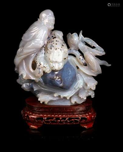 A Chinese Carved Agate Figural GroupÂ  Height 5 3/4