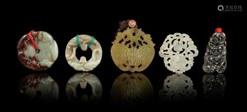 Five Chinese Hardstone Pendants Largest: width 2 1/4.,