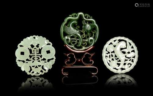 Three Chinese Reticulated Jade Pendants Largest: diam 2