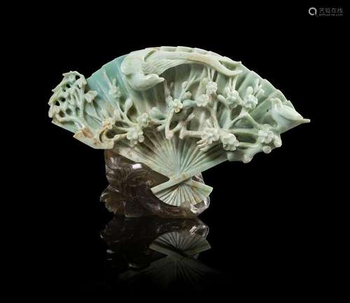 A Chinese Apple Green and Celadon Jadeite Fan-Form