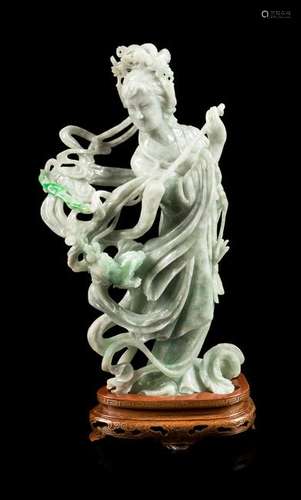 A Chinese Apple Green and Pale Celadon Jadeite Figure