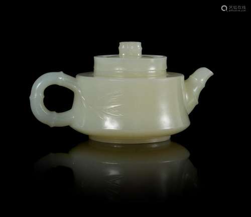 A Chinese White Jade 'Bamboo' Teapot Width 3 7/8 in.,