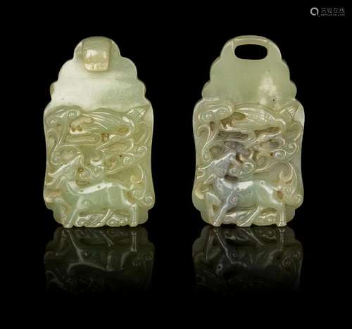 A Chinese Celadon Jade Two-Part Belt Buckle Each: