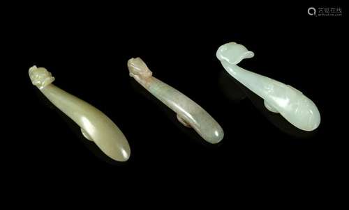 Three Chinese Celadon Jade Belt Hooks Longest: length 3