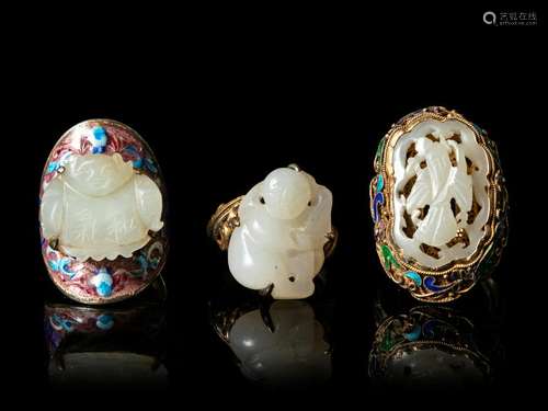 Three Chinese Jade Inset Enameled Silver Rings Largest