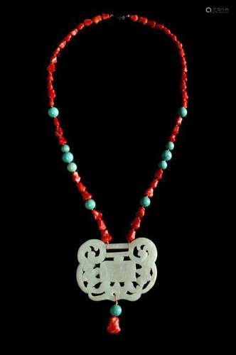 A Chinese White Jade and Hardstone Necklace Length 16