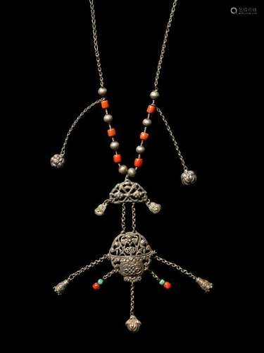 A Chinese Silver Necklace Length 33 1/2 in., 85 cm.