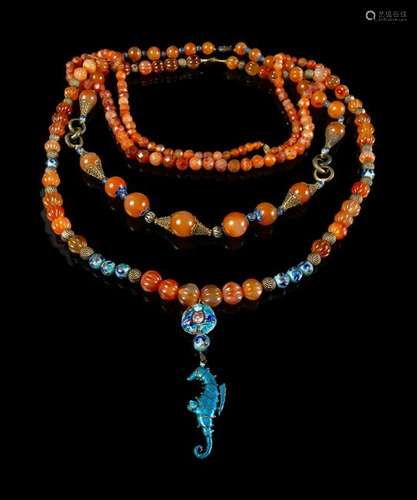 Three Chinese Carnelian Agate Necklaces Longest: length