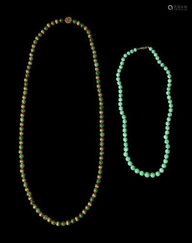 Two Chinese Jadeite Beaded Necklaces Longest: length 31