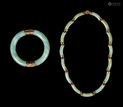 A Chinese Green Jadeite Necklace and Bracelet Bangle: