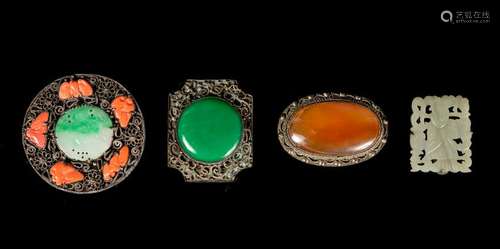 Four Chinese Hardstone Inset Silver Tie Clips Largest: