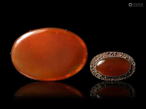 Two Chinese Agate Inset Silver Brooches Larger: width 3