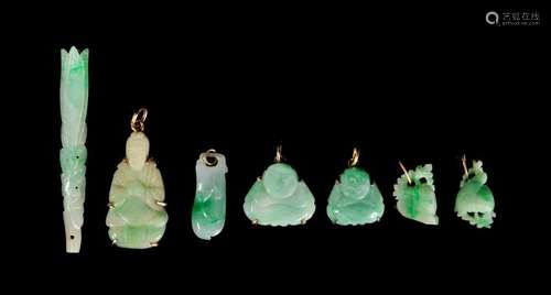 Seven Small Chinese Apple Green and Celadon Jadeite