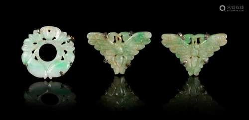 Three Chinese Jadeite Jewelry Largest: width 1 1/4 in,.