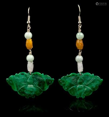 A Pair of Chinese Spinach Jade Butterfly-Form Earrings