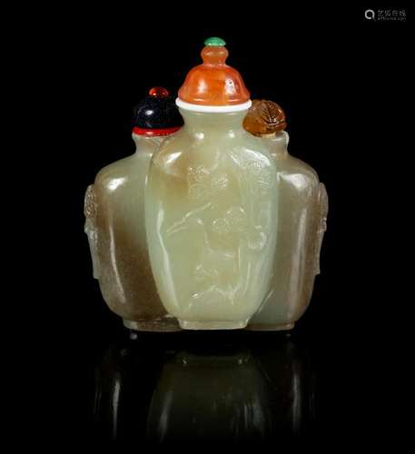 A Chinese Carved Celadon and Grey Jade Snuff Bottle