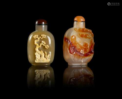 Two Chinese Carved Agate Snuff Bottles Taller: height 2