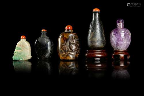 Five Chinese Hardstone Snuff Bottles Largest: height 2