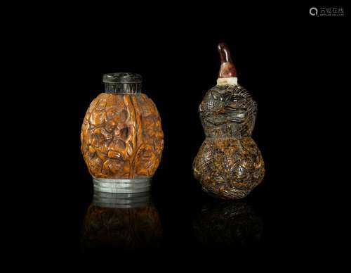 Two Chinese Carved Walnut Snuff Bottles