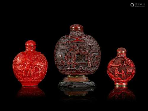 Three Chinese Cinnabar Lacquer Snuff Bottles Largest: