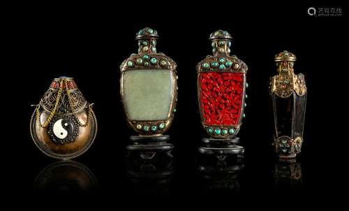 Four Mongolian Silver Mounted Snuff Bottles Largest: