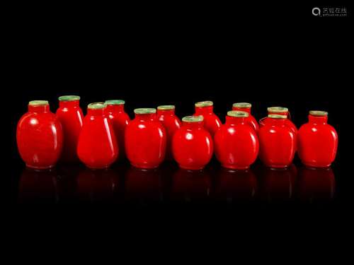 Thirteen Chinese Red Glass Snuff Bottles Tallest: