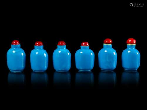 Six Chinese Blue Glass Snuff Bottles Tallest: height 2