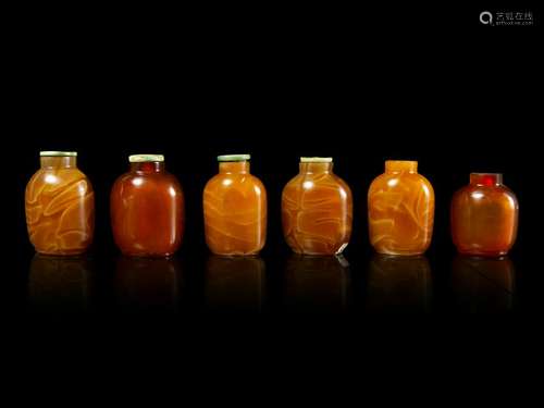 Six Chinese Russet Glass Snuff Bottles Tallest: height