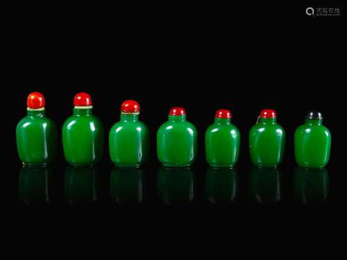 Seven Chinese Green Glass Snuff Bottles Tallest: height