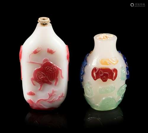 Two Chinese Peking Glass Snuff Bottles Larger: height 2