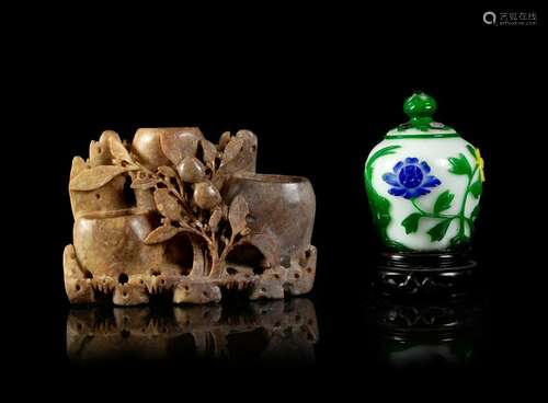 A Chinese Peking Glass Jar and a Soapstone Brush Pot