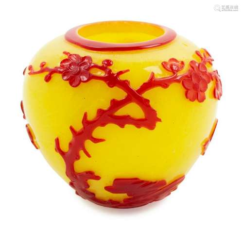 A Chinese Red Overlay Yellow Glass Jar Height 3 3/4