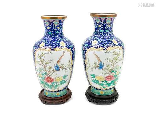 A Pair of Chinese Canton Enamel on Copper VasesÂ