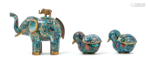 Three Chinese Cloisonne Enamel Animal-form Covered