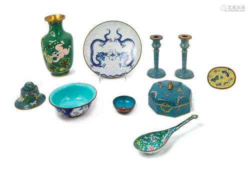 Ten Chinese Cloisonne and Canton Enamel Wares Tallest: