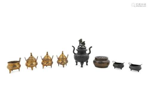 Seven Chinese Metal Incense Burners and One Bronze