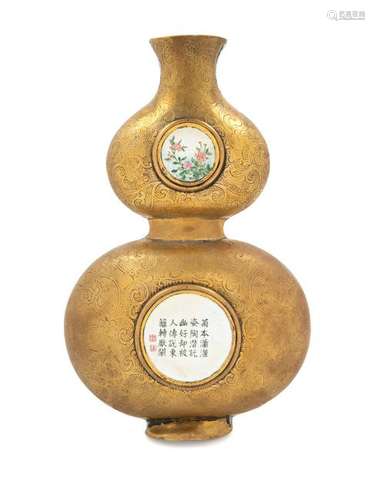 A Chinese Canton Enamel and Gilt Bronze Gourd-Form Wall